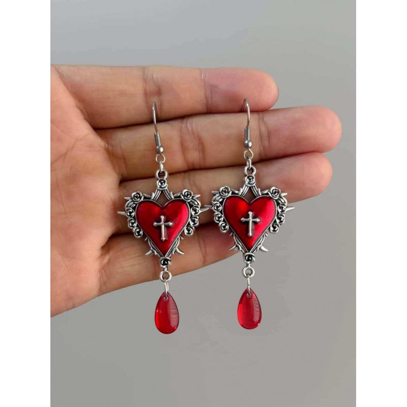 Dark Gem Blood Red Gothic Heart Rose Thorn Earrings - Original Halloween Design