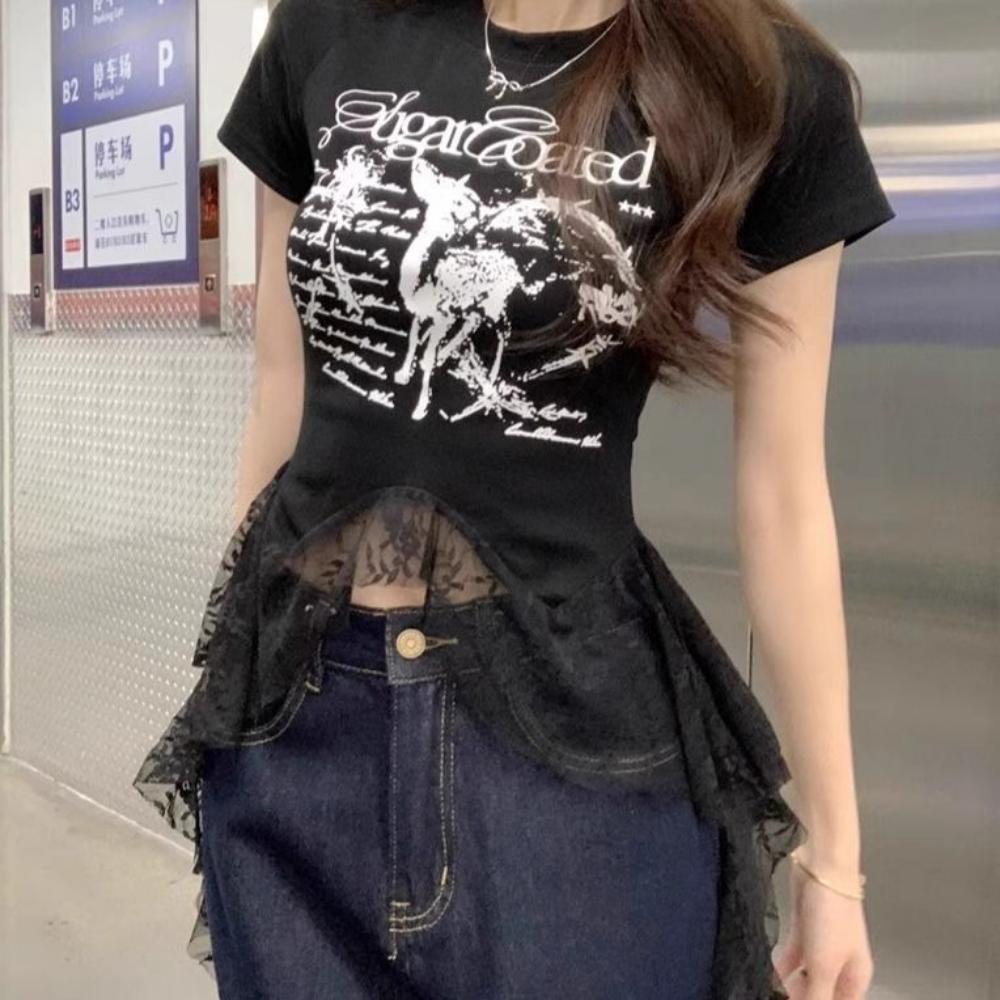 

Женская футболка с короткими рукавами из кружева во французском стиле, новая летняя, облегающего кроя, с принтом букв XL чёрный