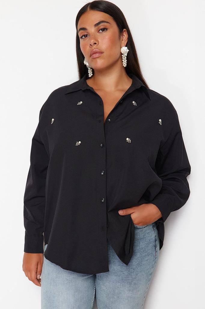 Women's Style Plus Size Shirt Black Large Size Stone Embroidered Poplin Woven Shirt