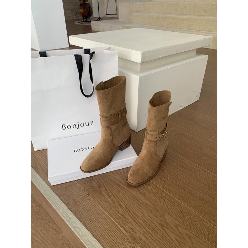 

2025 осень и зима новые корейская версия универсальные толстый каблук тонкие взрывные рыцарские сапоги женские голова ретро замшевые ковбойские сапоги 39 хаки