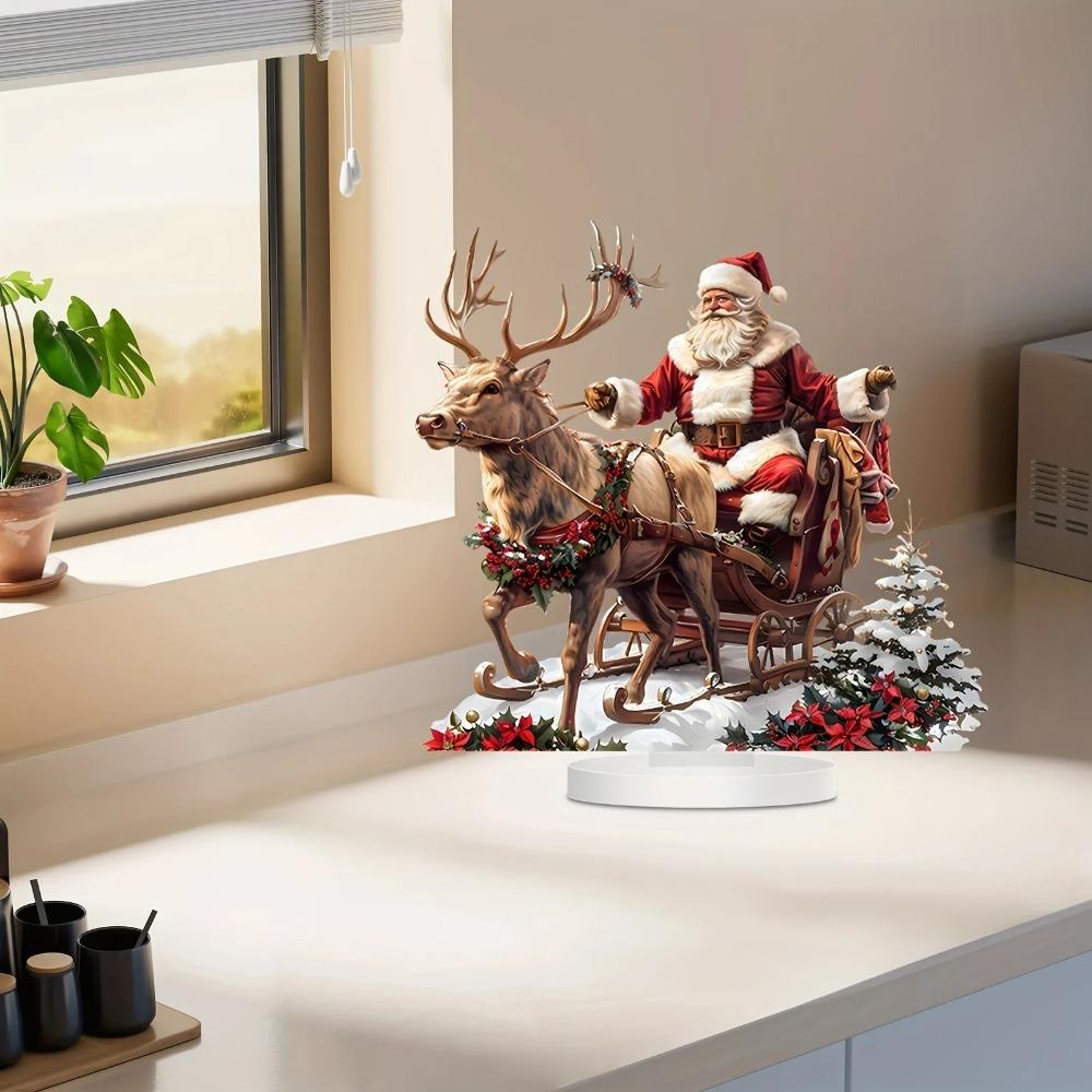 Santa Sleigh with Reindeer Tabletop Christmas Ornament with Base 2D Acrylic  for Xmas Navidad Party Home Decor Supplies