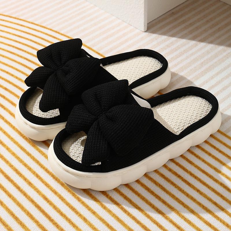 Butterfly Knot Linen Slippers for Women, Summer Home, Anti Slip, Daily Breathable, with A Sense of Stepping On Poop, Indoor Thick Sole