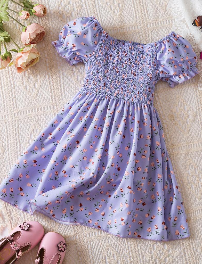 Maeau Short Sleeve Floral Square Puff Princess Perfect for School or Size 3Y Girls' Dress, Print, Neck, Sleeves, Style, Stylish, Casual, Kindergarten,