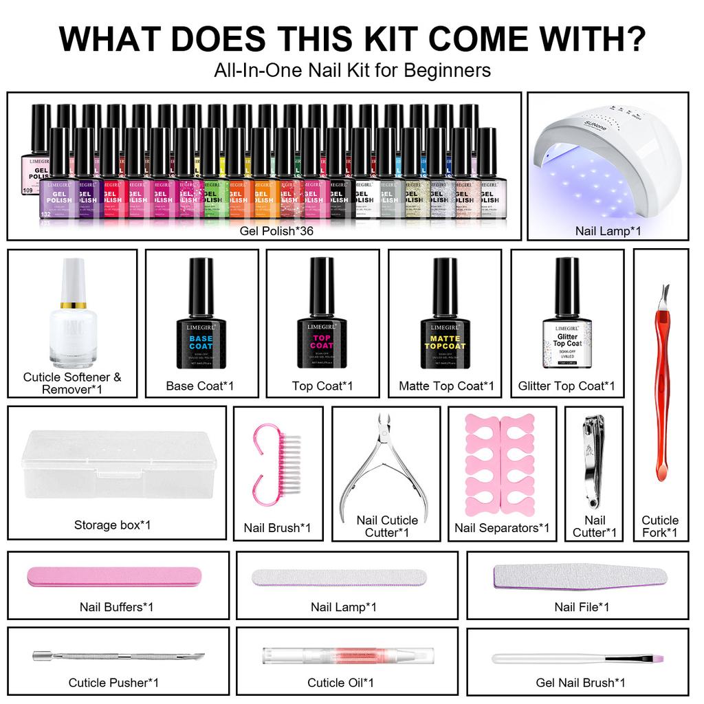 36 Colors Gel Nail Polish Set with LED Light, Full Manicure Tools Kit, Quick Dry Long Lasting Salon Home Use