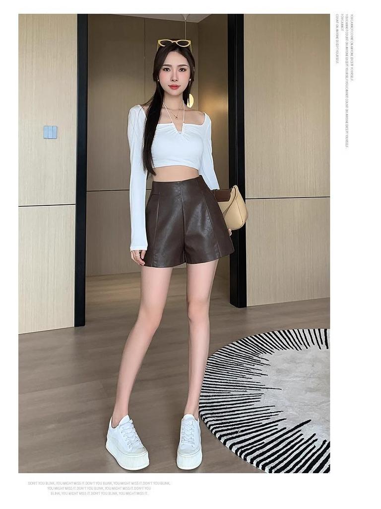 Women's High-Waist Leather Shorts - Slimming A-Line, Wide-Leg, Korean Style for Autumn/Winter 2023