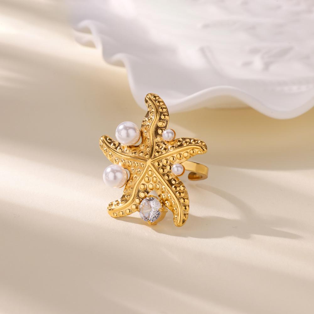 Creative oil pressure starfish conch titanium steel ring female zircon inlay with design summer beach jewelry