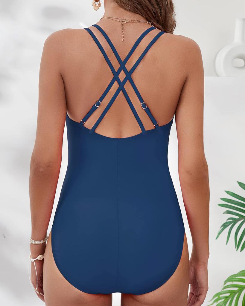 2024 European & American Solid Color Crisscross Tummy Control One-Piece Swimsuit