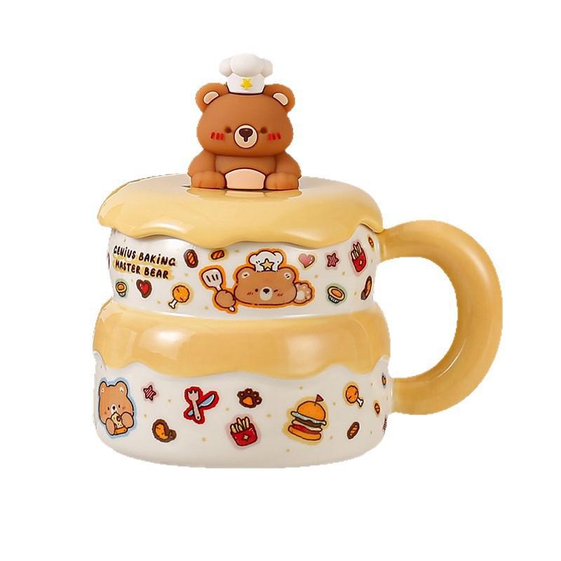 

Cartoon Bear Puppy Ceramic Mug with Lid Cute Household Drinking Cup Breakfast Milk Oatmeal Cup Souvenir 400ml