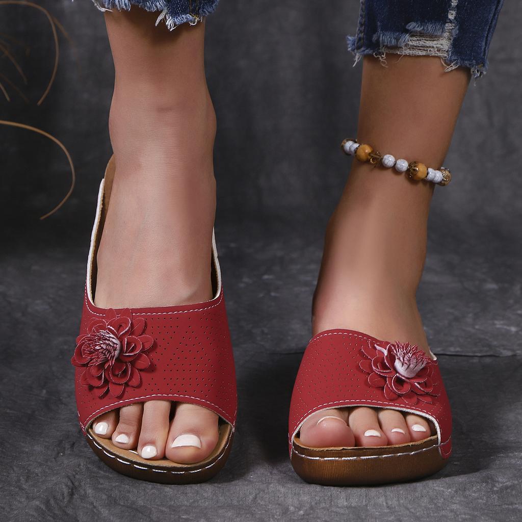 South East Asia Large Size Thick Bottom Hollow One-Word Slippers Open-toed Flower Slope Heel Beach Cool Slippers