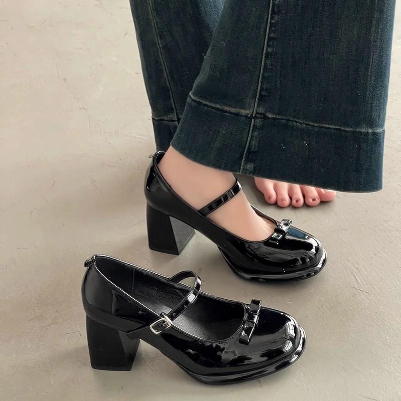 French fairy bow Mary Jane shoes new round head medium heel high heels women's design temperament socialite single shoes