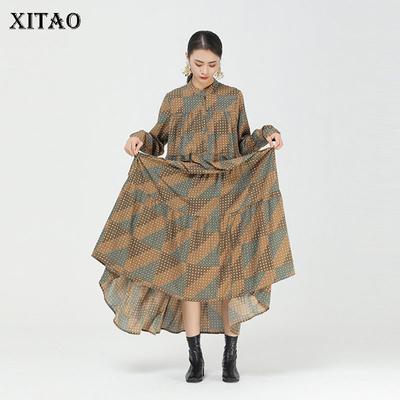 Nowa sukienka z nadrukiem w stylu vintage moda kontrastowy kolor łączenie kołnierzyk typu O, z długim rękawem luźne damskie na co dzień na cały mecz ZY4675