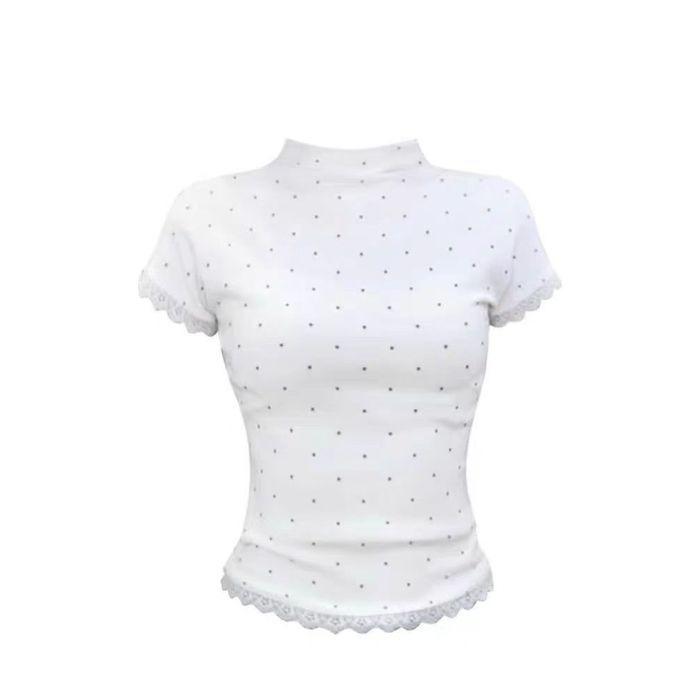 Splicing lace hem polka dot front shoulder crew neck short sleeve summer fresh age reduction versatile small top T-shirt ins