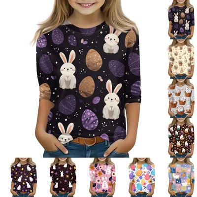 Children's Three-quarter Sleeve Round Neck Top With Easter Print, Casual Everyday Top