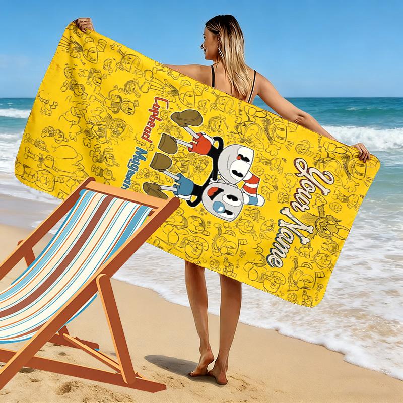 Name Custom Cuphead Print Beach Towel, Large Soft Quick Dry Towel for Beach Camping Swimming