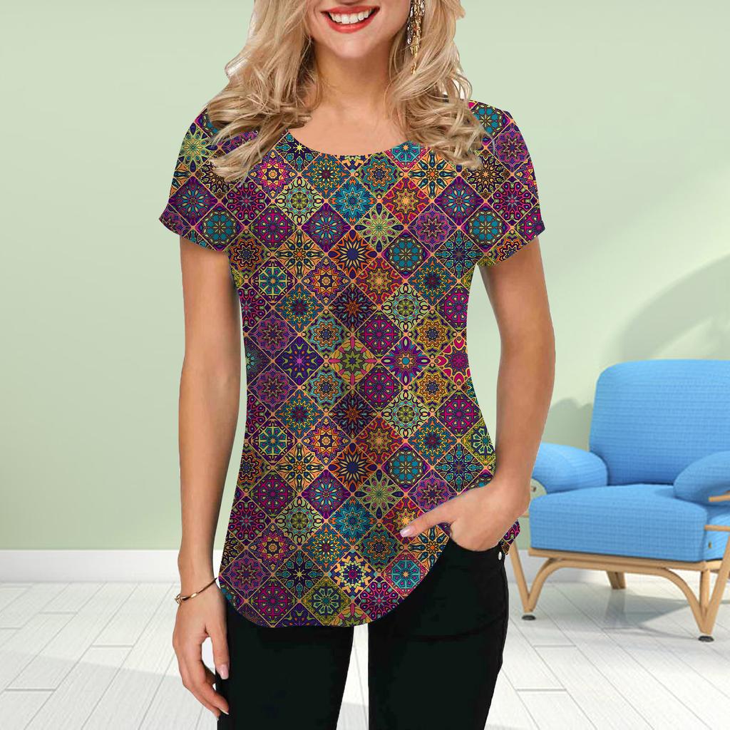 Fashion Women Block Print T Shirt Funny Casual O-neck Short Sleeves T-shirt Summer Female Tee Shirt