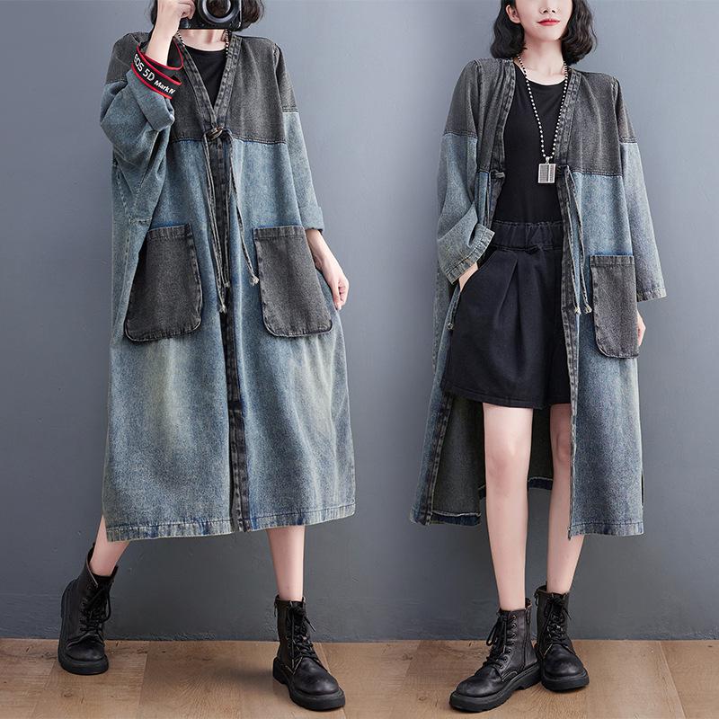 

Denim Color Block V-neck Retro Distressed Plus Size Long Sleeve Trench Coat M синий