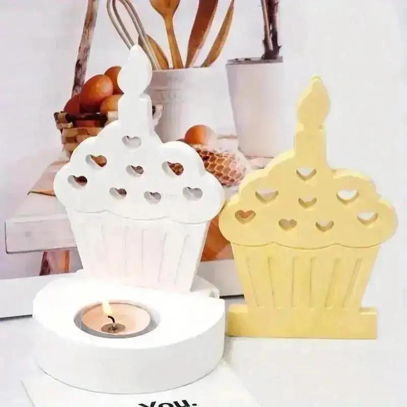 DIY Cake Tea Light Gypsum Craft Gifts Making Home Brithday Decor Candle Holder Silicone Mold Heart Cake Candlestick Resin