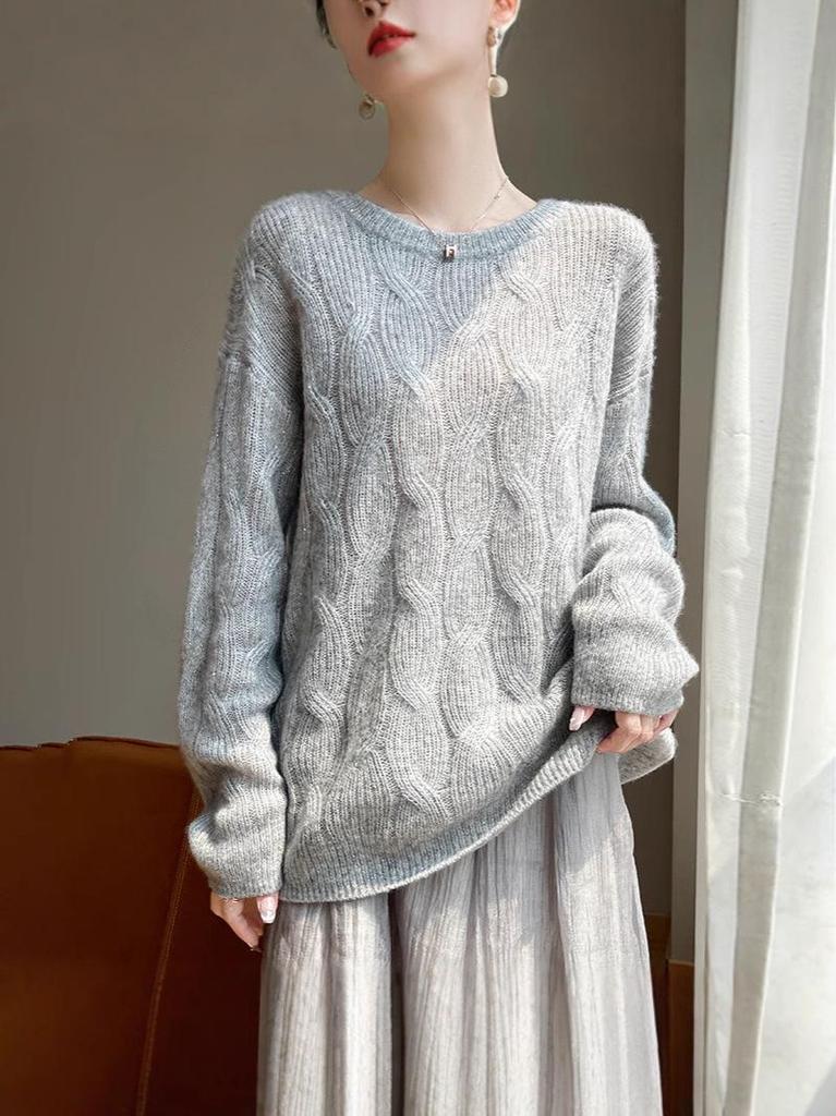 Women's Round Neck Chunky Knit Cashmere Sweater with Sequins, Long Sleeve Fashionable Top for Autumn & Winter
