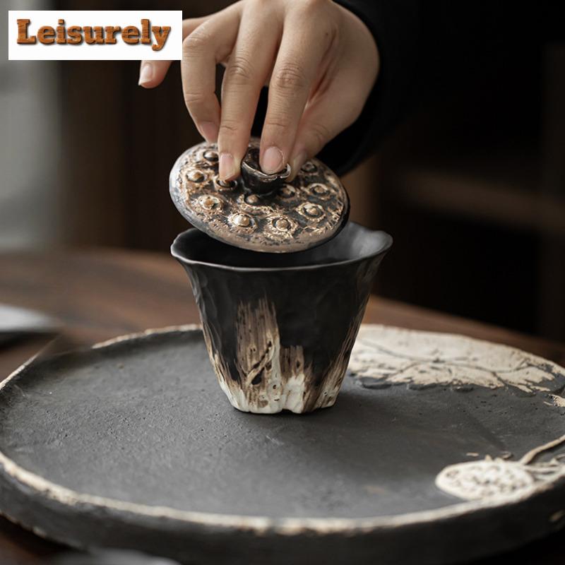200ml Wabi Sabi Stil Gaiwan Luxus Relief Lotus Reim Teeschale Haushalts Teekocher Abdeckung Schüssel Geschirr Zubehör Ornamente