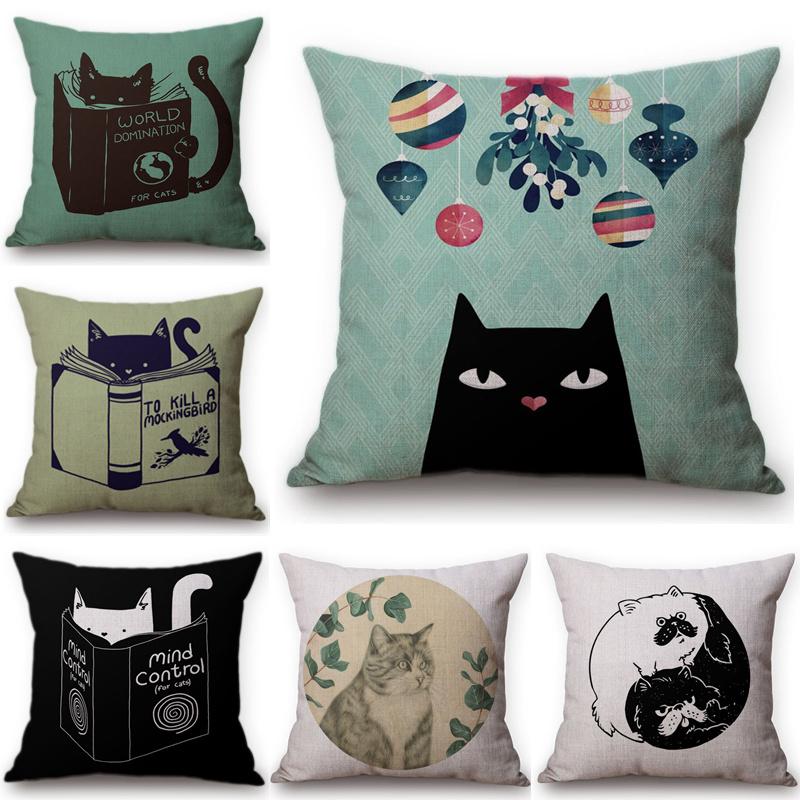 Monika Chen Unisex Lovely Cartoon Cat Happy Reading Animal Sofa Decorative Cushion Cover Cotton Linen Car Seat Throw Pillow Case Cojines