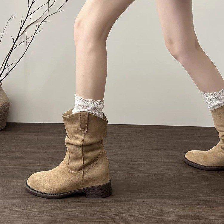 Short Boots Children's Coarse Heel Medium Tube Pile Boots Women's Summer New Autumn Maillard Western Cowboy Martin Boots