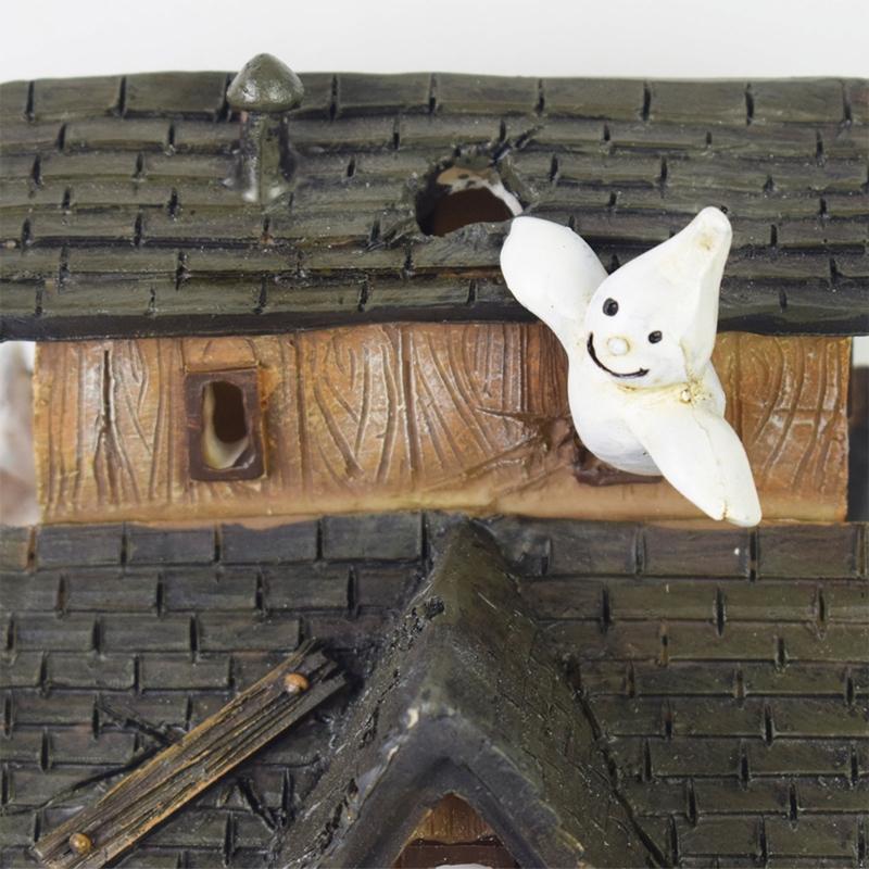 Halloween Light-Up House Ornament, Resin Building with White Figures and Gourd Motifs for Seasonal Display Scenes