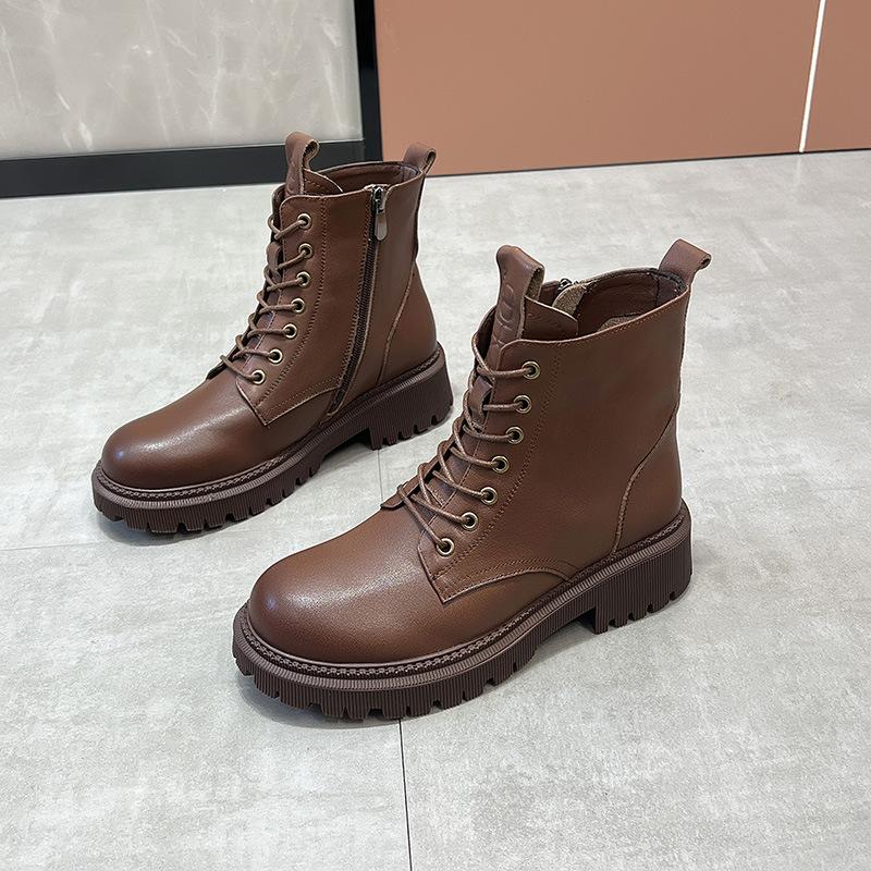 Leather Martin Boots Women's Velvet 2026 New Autumn and Winter Single Cotton Boots British Style Short Boots Thick Sole