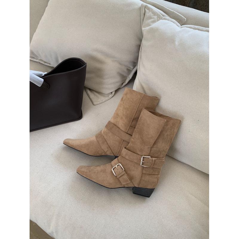 Thick Heel Retro Suede Thin Short Boots Knight Boots Women's Shoes 2025 New Autumn and Winter French Belt Buckle Medium Boots
