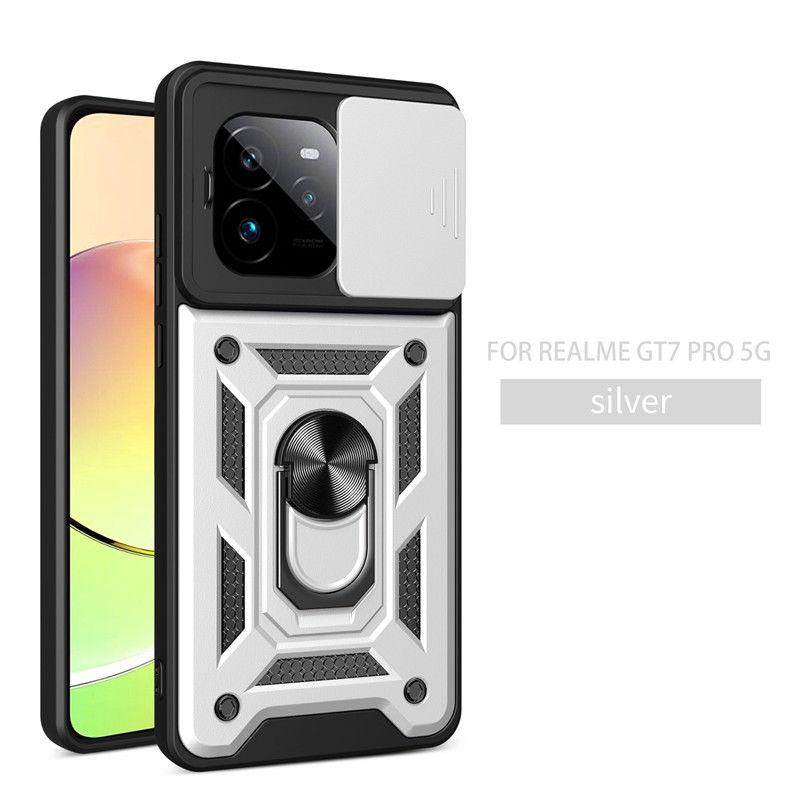 

Для Realme GT7 Pro/ GT7 Чехол–Сдвижная крышка камеры+Кольцо-подставка+Магнитное притяжение, Противоударная бронированная задняя крышка военного класса, Защита от падений Realme GT 7 Pro серебряный