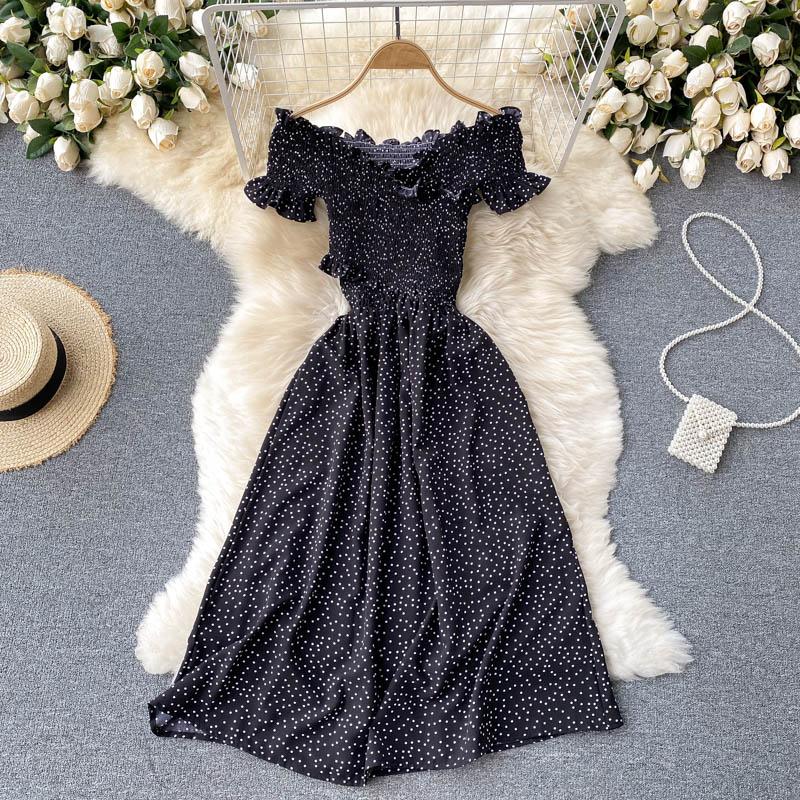 RUGOD Vintage Boho Puntíkatý potisk přes rameno Sexy letní dlouhé šaty Party Elastické Cross Criss Ženy Plážové prázdninové šaty