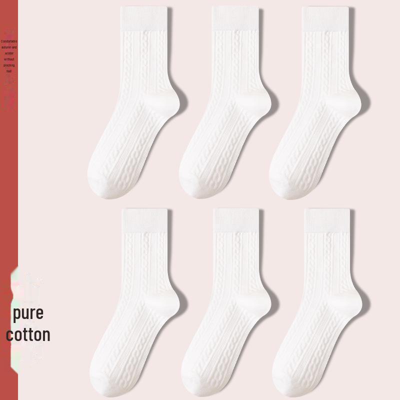 Women's Retro Twist Pure Cotton Mid-Tube Socks - Antibacterial, Deodorant, Autumn/Winter, White Long Socks.