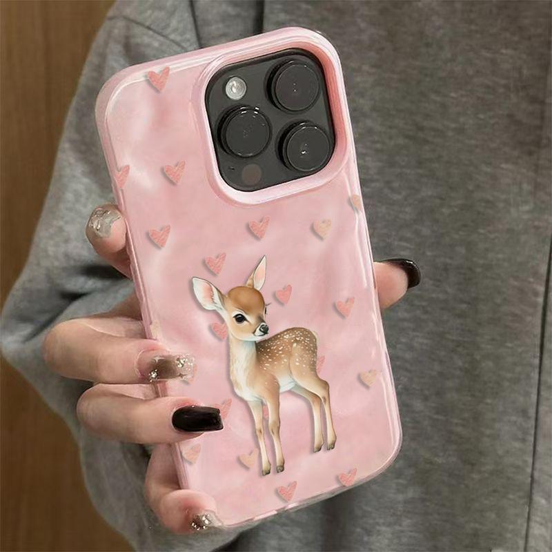 Pink Love Heart Cute Deer Pattern Phone Case For iPhone 17 16 15 14 13 12 11 Pro Max Plus Air 16E Shockproof Folds Texture Cover