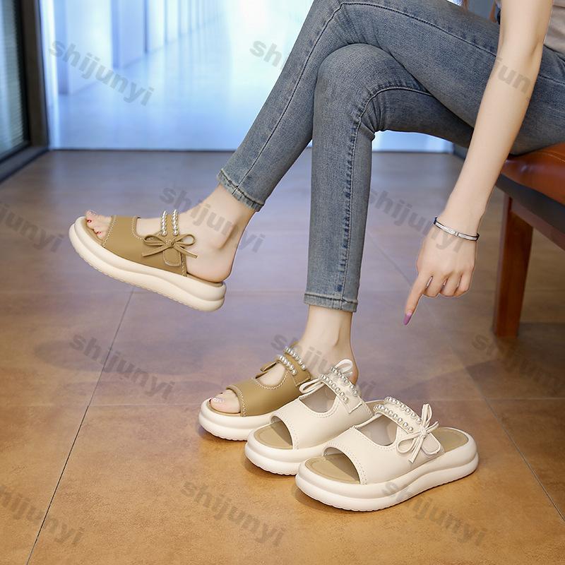 Fashion Women's One Word Slippers 2025 Summer New Fashion Bow-knot Platform Sandals Outdoor Comfortable Height Increase Casual Flats