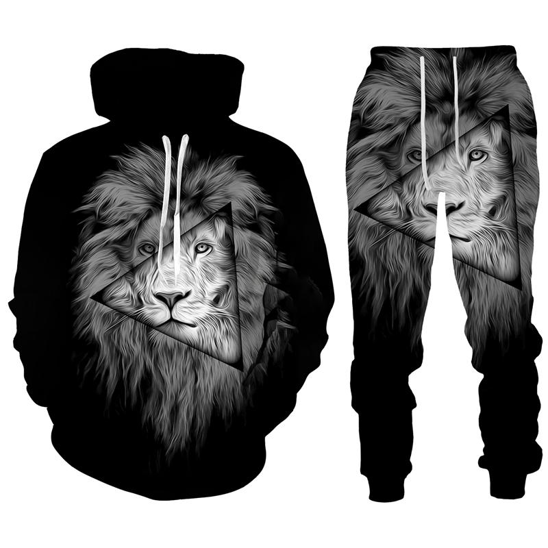 Trend Animal The Lion 3D Print Men's Tracksuit Sets Casual Hoodie And Pants 2pcs Sets Oversized Sweatshirt Fashion Men Clothing
