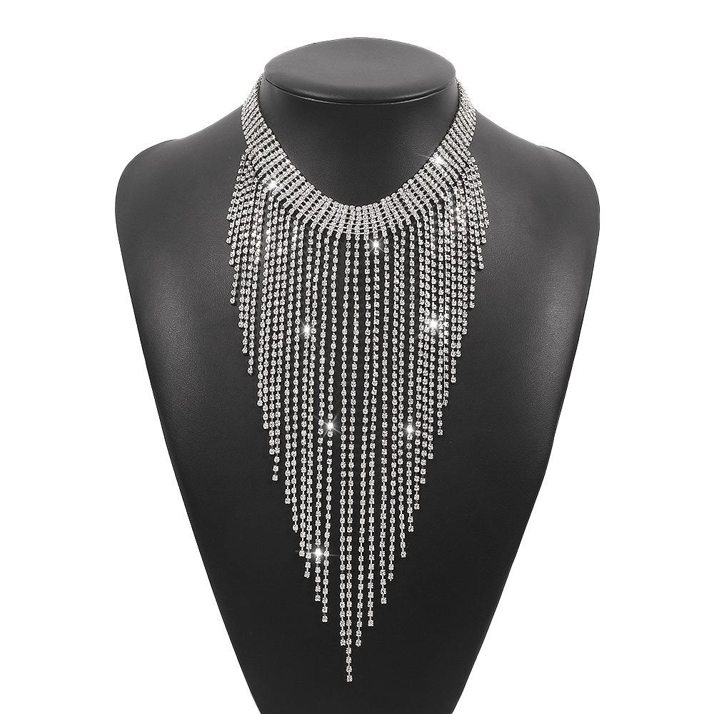 Korean Style Full Rhinestone Necklace Geometric Clavicle Chain Long Tassel Necklace  Wedding