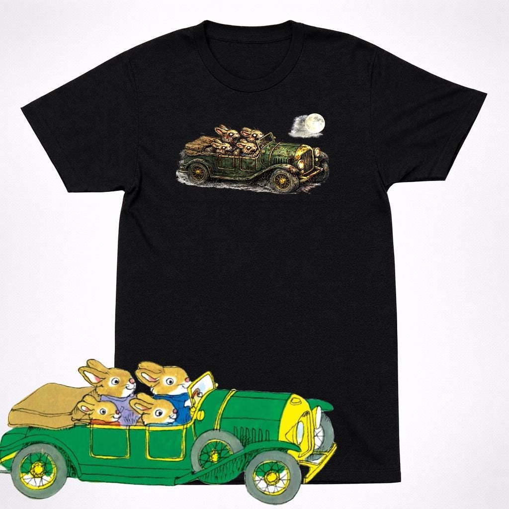 Horror Richard Scarry Rabbit Family Car Shirt Creepy Kids Book Bunny Car Tee