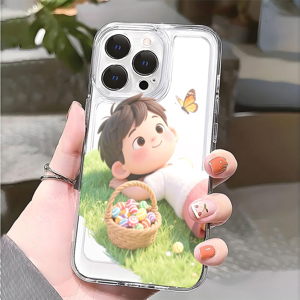 Boy on Grass with Candy Basket lucency Phone Case for IPhone 14 15 16 13 12 11 17 Pro Max 12 13 Mini Soft Cover