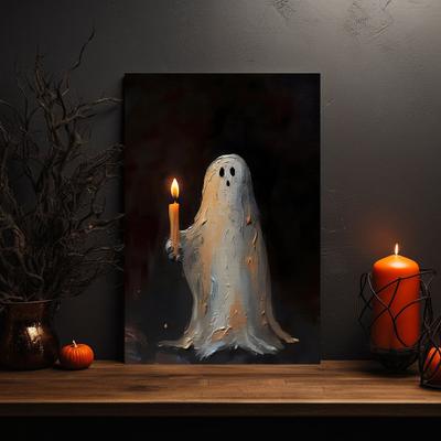 1pcs with Wooden Frame - Cute Little Ghost Holding Candles Halloween Canvas Art Poster Including Hanging Hardware