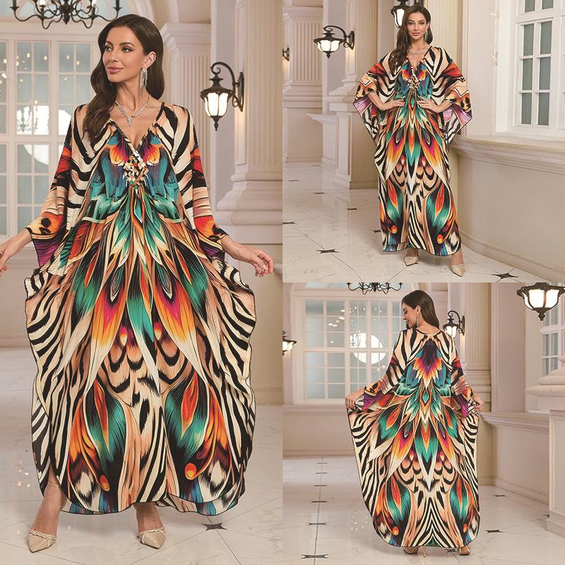 2025 European & American Cotton Printed Beach Dress Women's Long Loose Cover-Up with Sun Protection