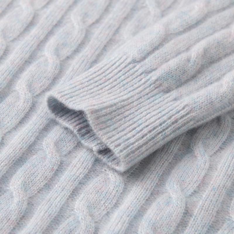 Women's 100% Pure Cashmere V-Neck Cable Knit Sweater - Bright Silk, Loose Fit, Long Sleeve