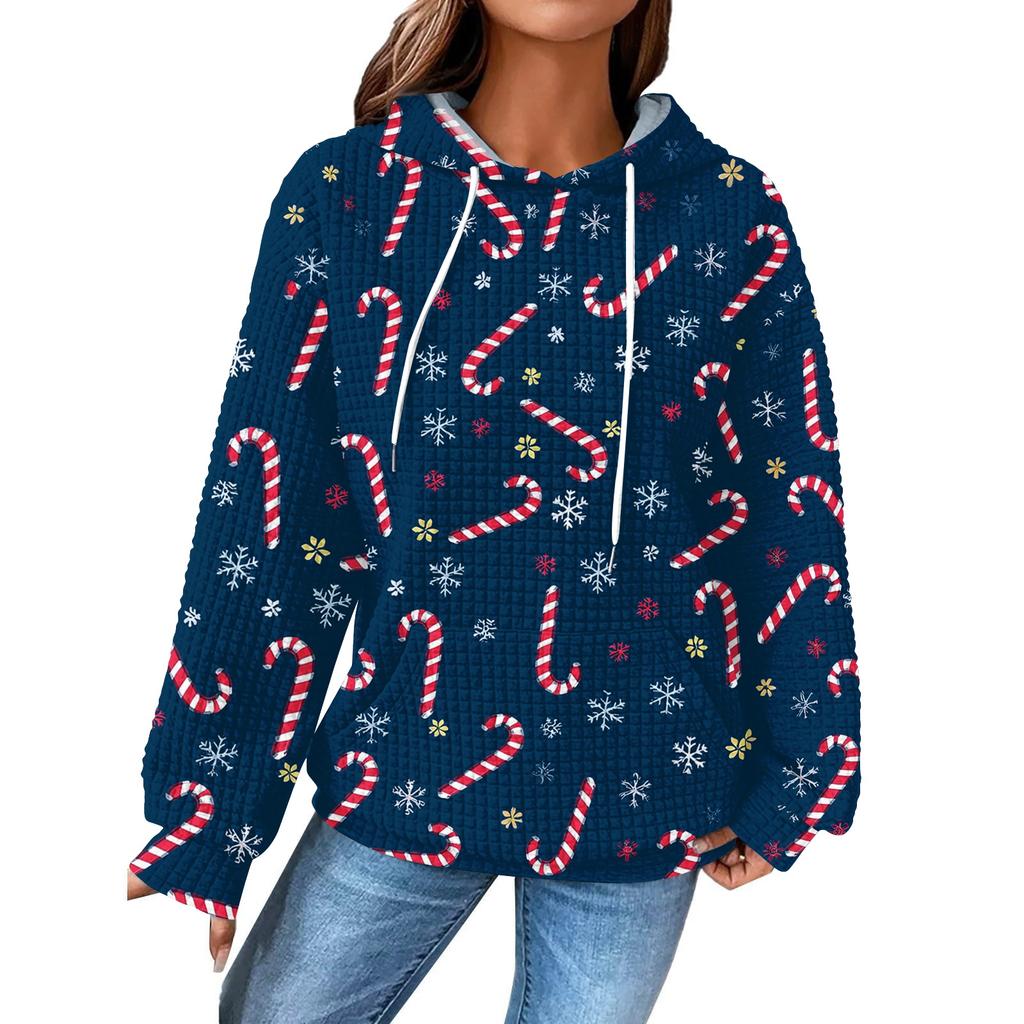 Mote løs hettegenser for kvinner, langermet genser med snøring, drop shoulder, lomme, topp med juleprint