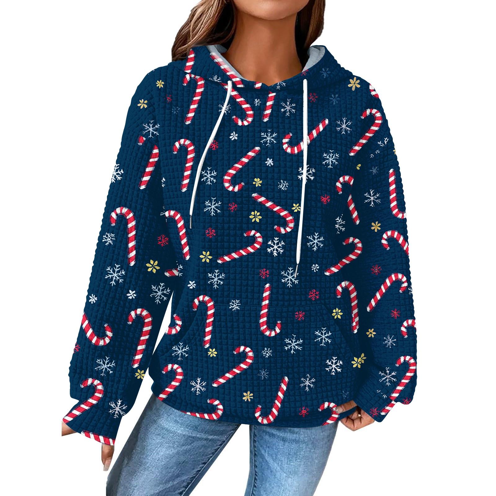 

Женский модный свободный пуловер с капюшоном, длинными рукавами, клетчатый свитшот с кулиской, со спущенным плечом, карманом, рождественским принтом M