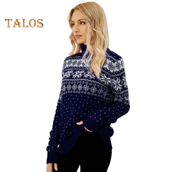 Женский рождественский свитер с высоким воротником и длинным рукавом жаккардовый принт со снежинками вязаные топы свободный трикотаж S темно-синий 2095₽