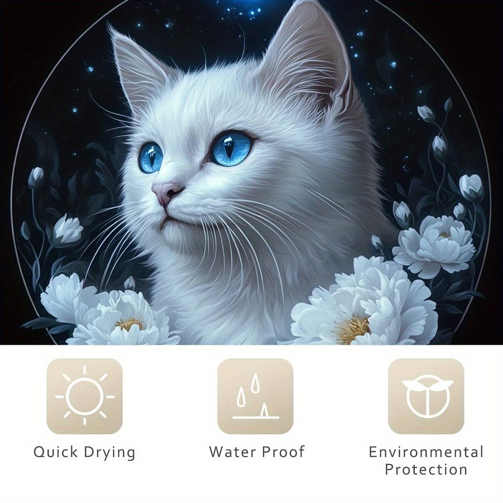 1 Mystical Blue Eyes White Cat Shower Curtain - Polyester With Hook, Machine Washable, Charming Floral And Starry Design