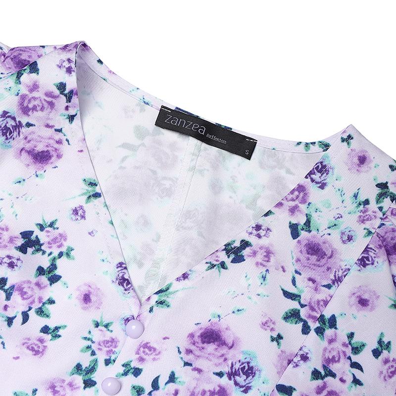 ZANZEA Damska sukienka na co dzień z dekoltem w szpic i kwiatowym nadrukiem z krótkim rękawem