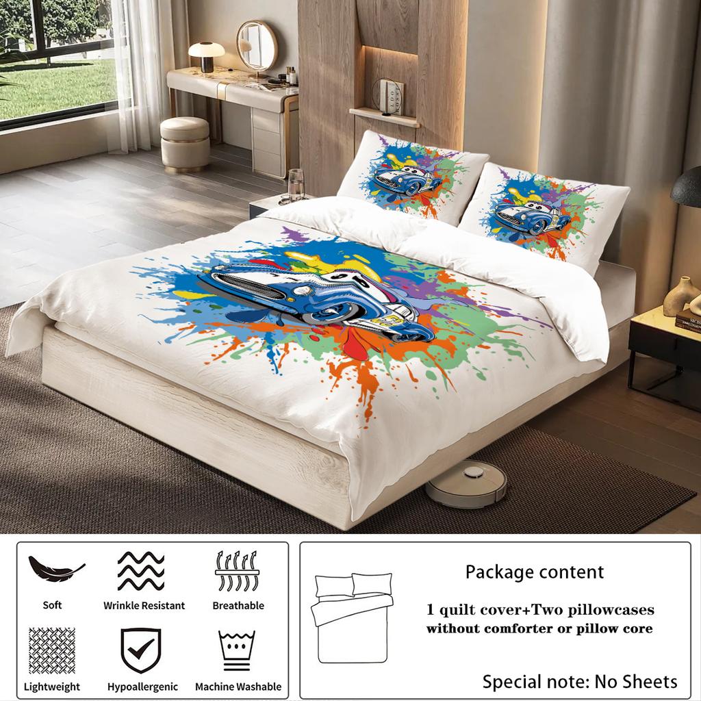 3-teiliger Daunenbettbezug mit Cartoon-Rennmusterdruck (1 Bettbezug+2 Kissenbezüge, ohne Füllung) Bettwäsche-Set