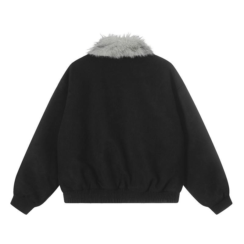 Giacca Imbottita Unisex Retro Punk in Cotone con Patch Frange in Pelle Scamosciata e Collo in Ecopelliccia Invernale Streetwear