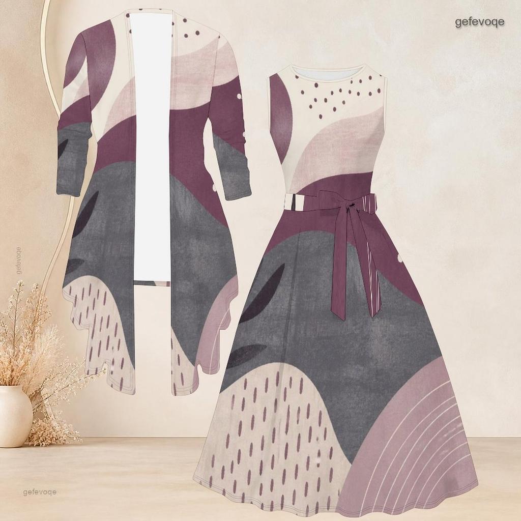 Women Plus Size Geometric Printed Two Piece Set 3 4 Sleeve Cardigan Sleeveless Round Neck Tie Waist Flared Dress