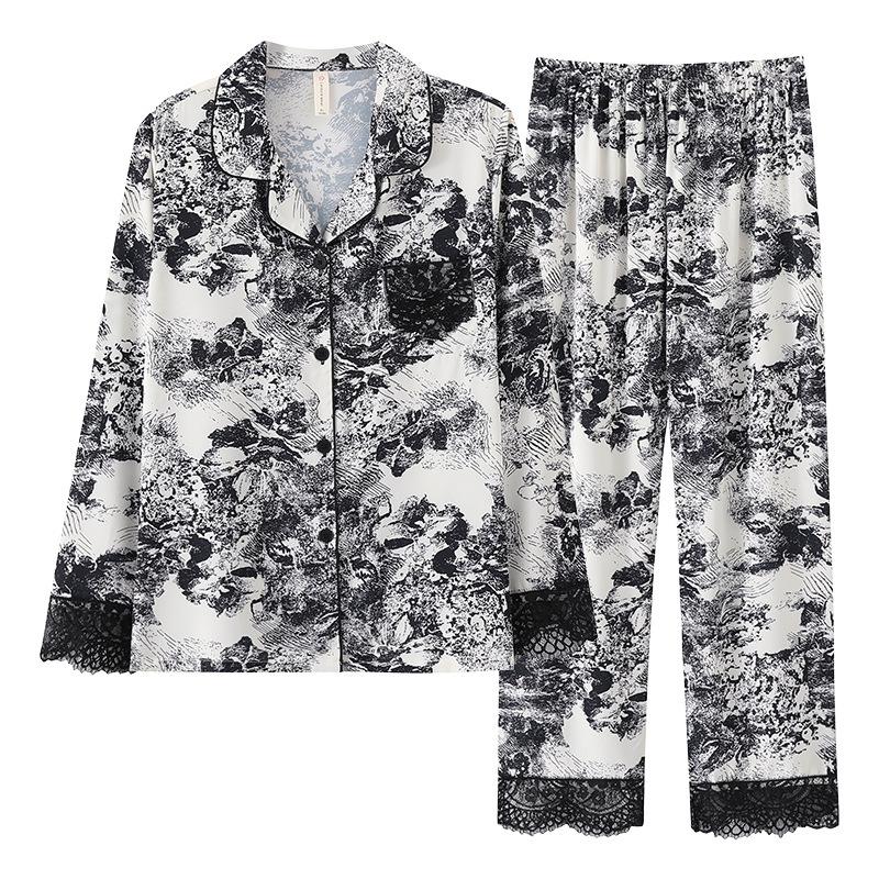1011 Spring and Autumn New Ink Painting Fashion Loose Pajamas Cardigan Women's Simulation Silk High-end Homewear