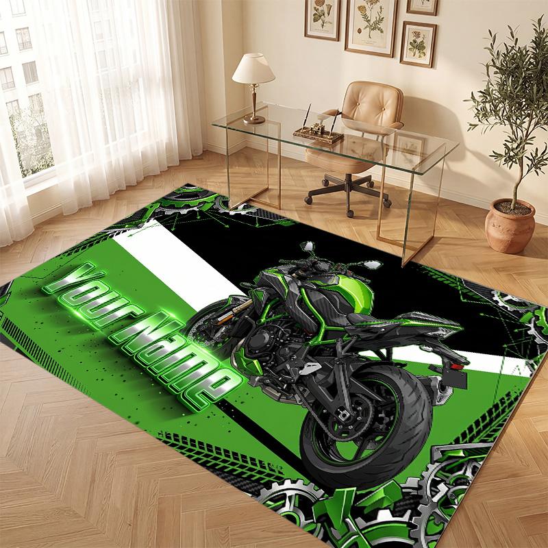 Motorcycle Biker Theme Soft Crystal Velvet Rug Custom Name & Text Print Non Slip Floor Rug for Bedroom Living Room